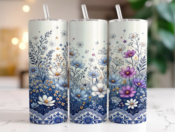 Blue White Cottage Floral 20oz Tumbler