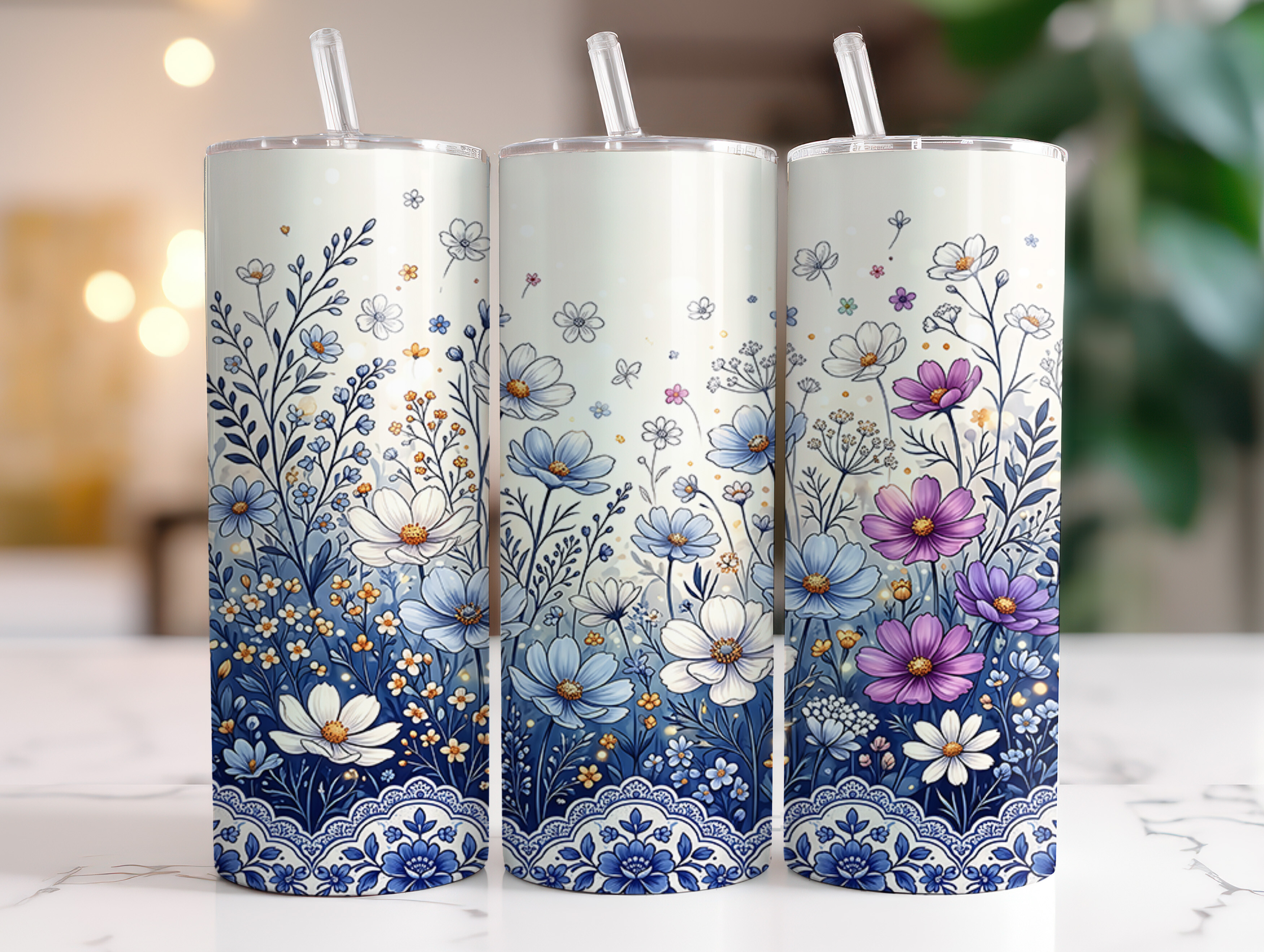 Blue White Cottage Floral 20oz Tumbler