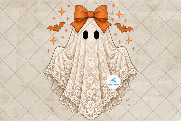 Coquette Halloween Lace Ghost Bow Png