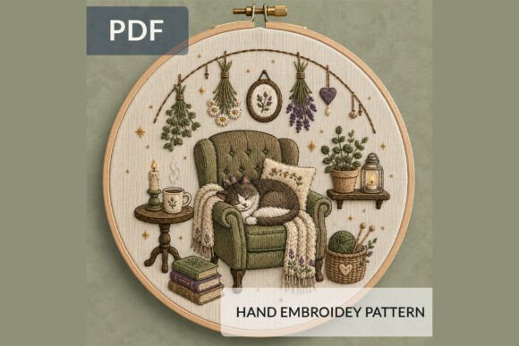 Cozy Cat Hand Embroidery Pattern PDF