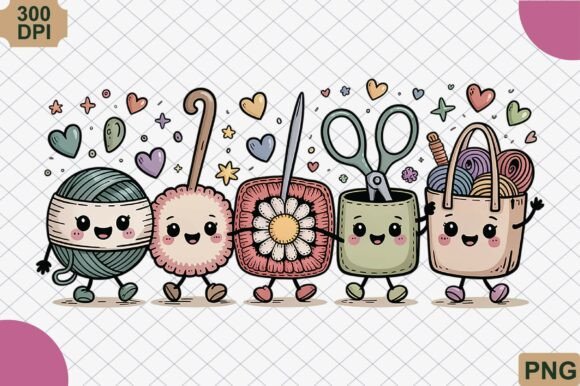 Crochet & Knitting Doodle Characters PNG