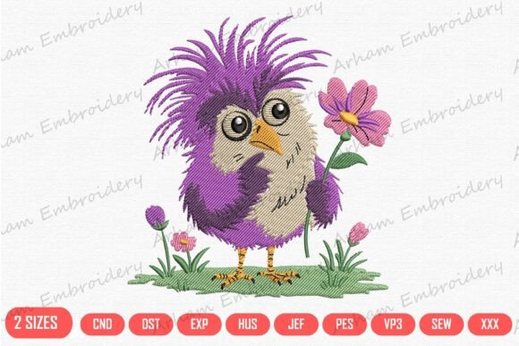 Cute Purple Bird with Flower