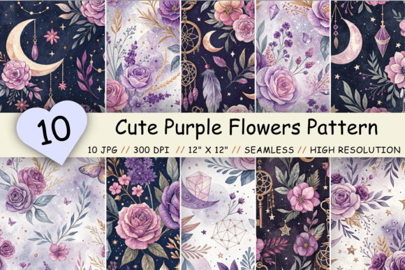 Cute Purple Flowers Digital Paper Pack