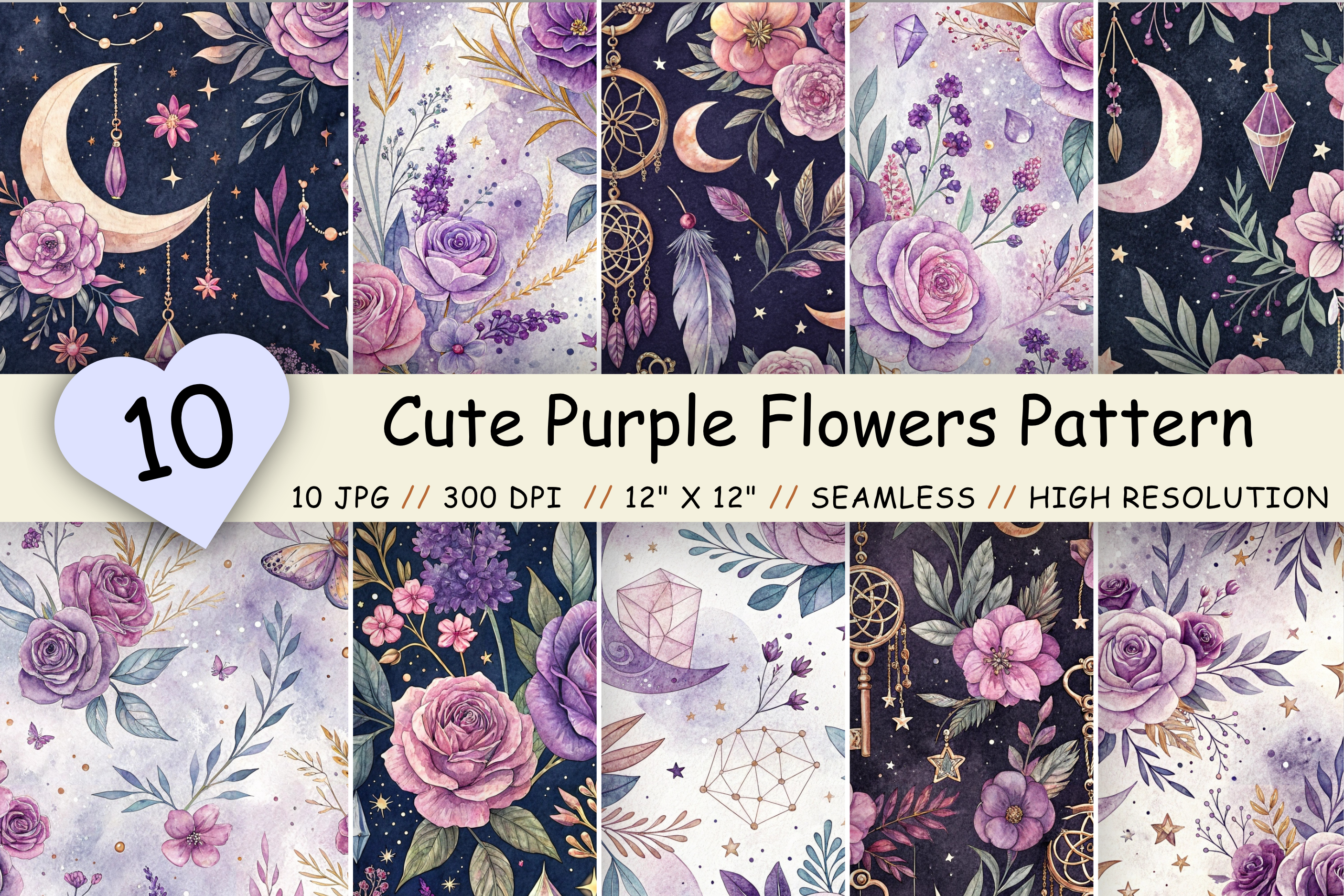 Cute Purple Flowers Digital Paper Pack