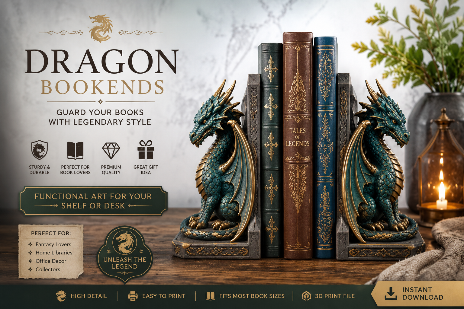 Dragon Bookends STL - Fantasy 3D Printable Bookends - Image 4