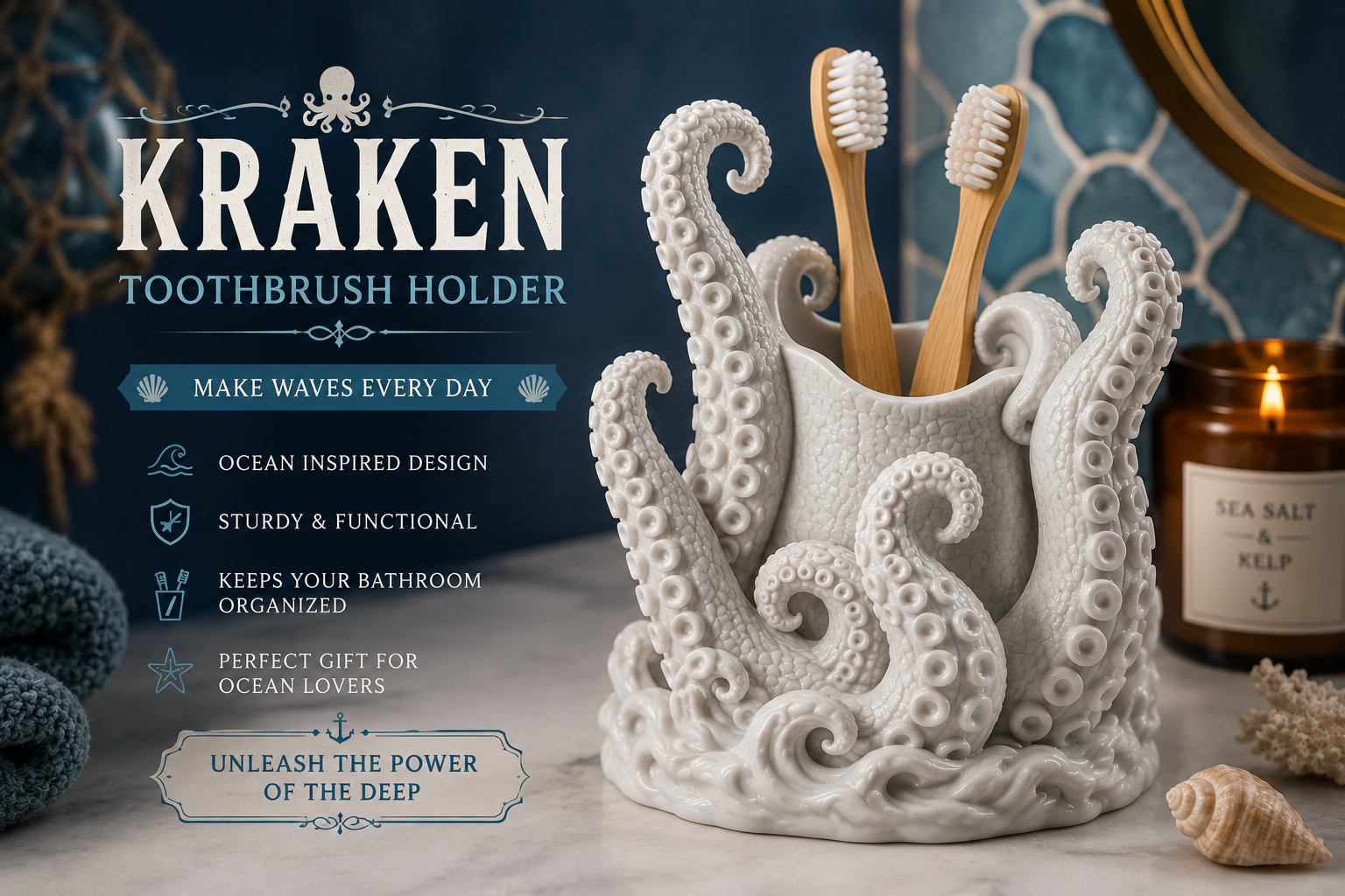 Kraken Tentacle Toothbrush Holder 3D Printed Bathroom Ocean Decor STL - Image 4
