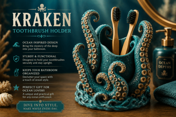 Kraken Tentacle Toothbrush Holder 3D Printed Bathroom Ocean Decor STL - Image 2