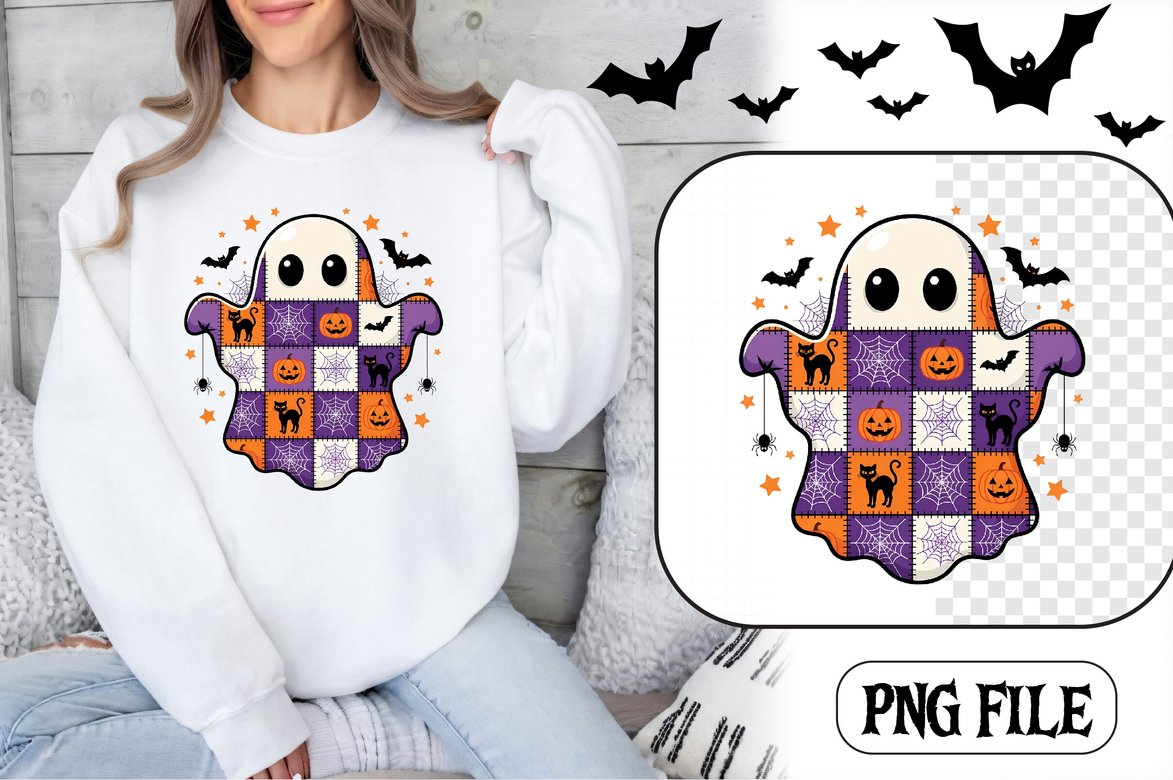 Patchwork Ghost Halloween PNG Art