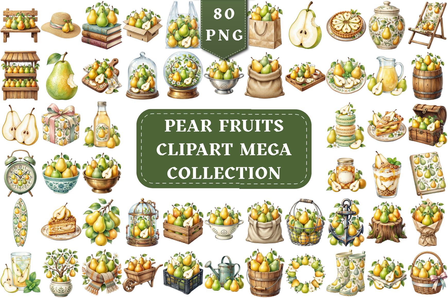 Pear Fruits Watercolor Mega Clipart Pack