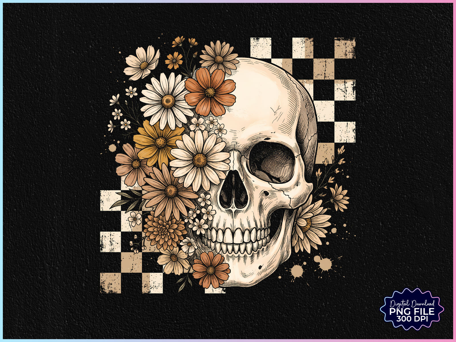 Retro Floral Skull Halloween Png
