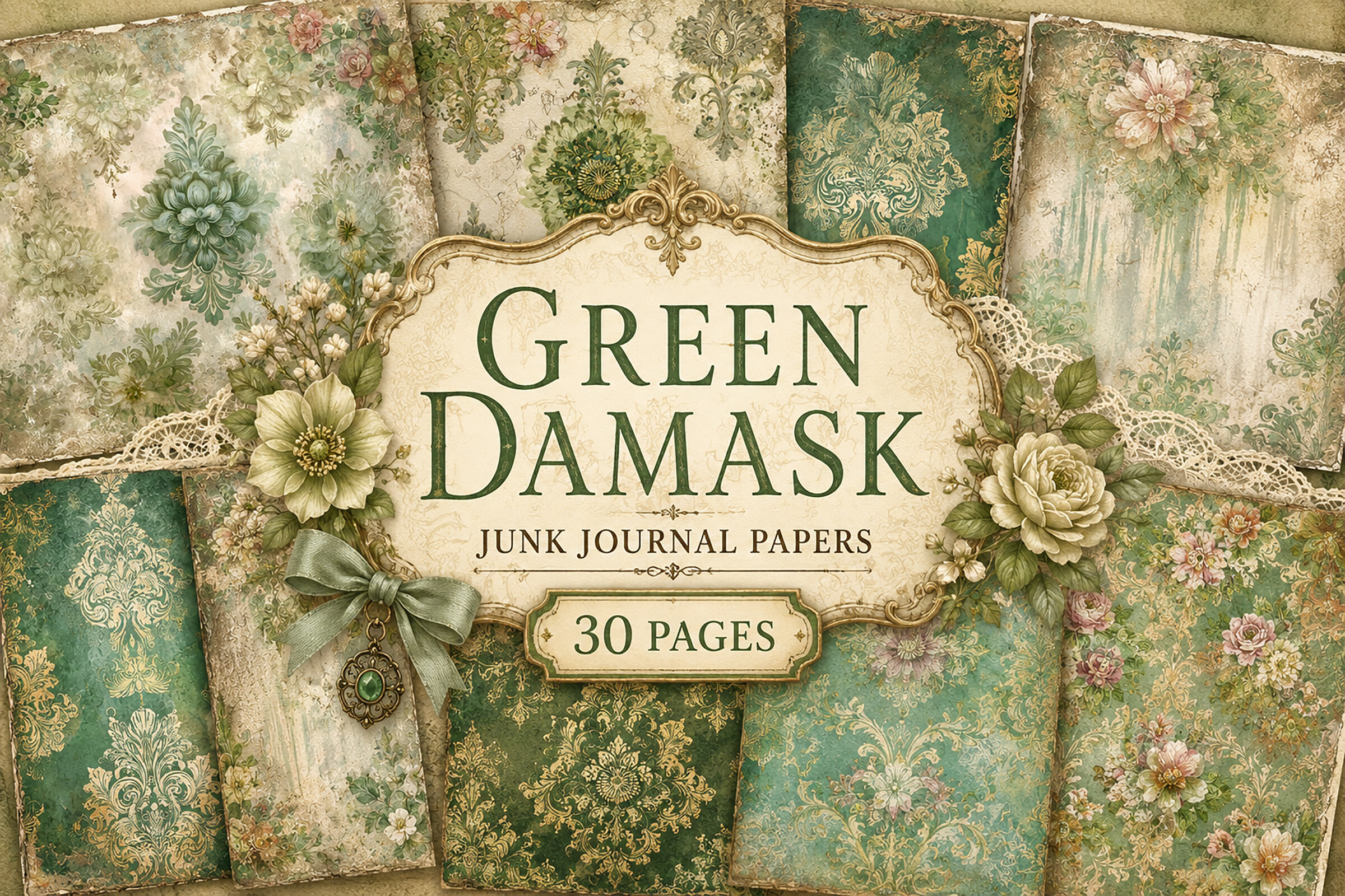 Vintage Teal Damask Junk Journal Papers
