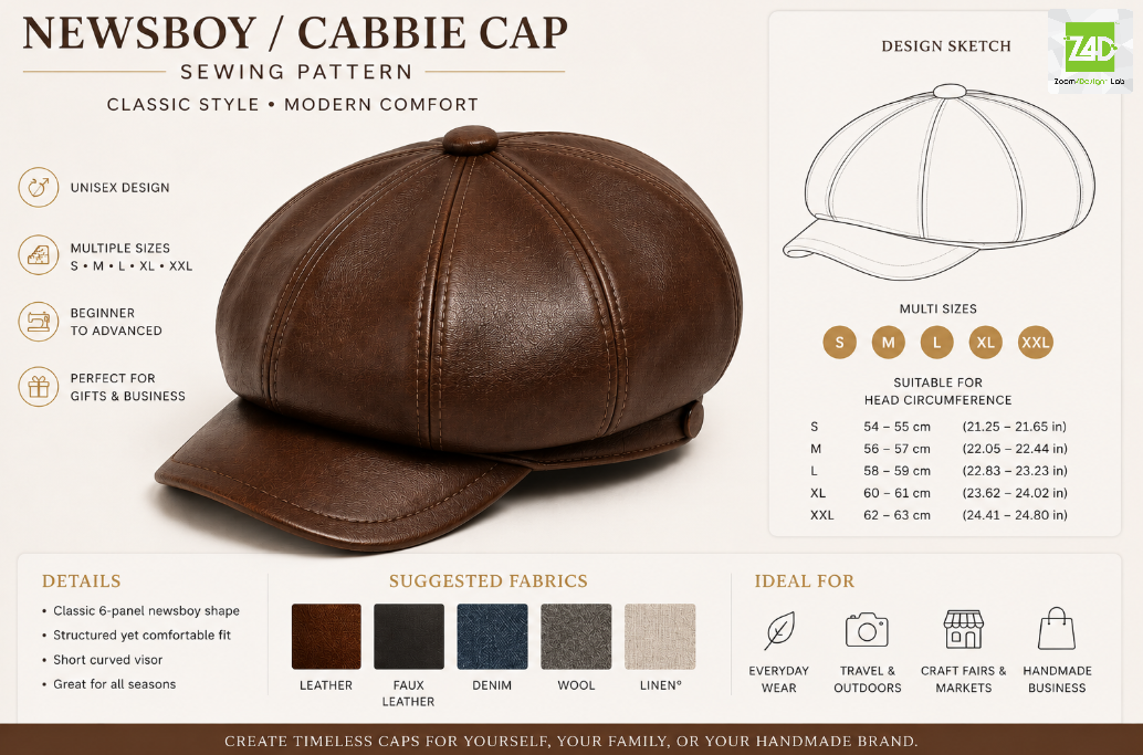 Cabbie Cap Sewing Pattern DIY Multi Size