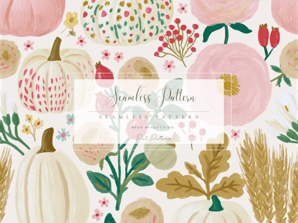 Cream Pumpkin and Pink Floral Seamless Pattern PNG
