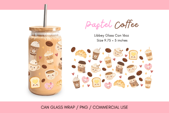 Cute Pastel Coffee Glass Can Wrap PNG