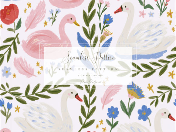 Elegant Swan and Floral Seamless Pattern PNG