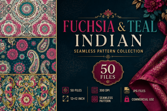 Fuchsia & Teal Indian Seamless Pattern Collection