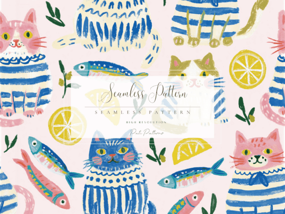Seamless Cute Cat and Fish Pattern with Lemons PNG