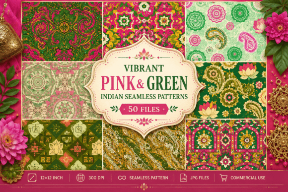 Vibrant Pink & Green Indian Seamless Patterns