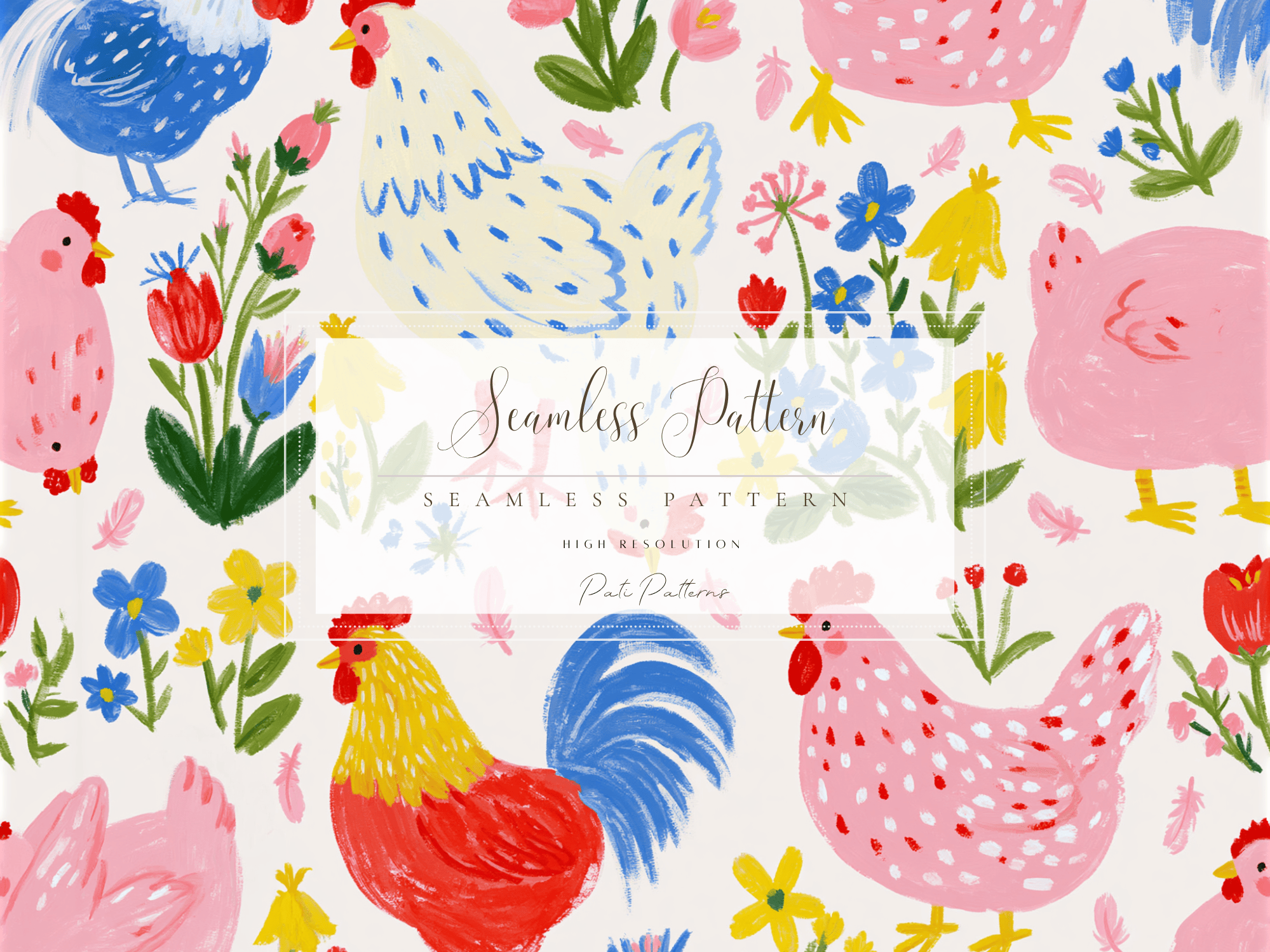 Whimsical Chicken Seamless Pattern PNG with Flowers