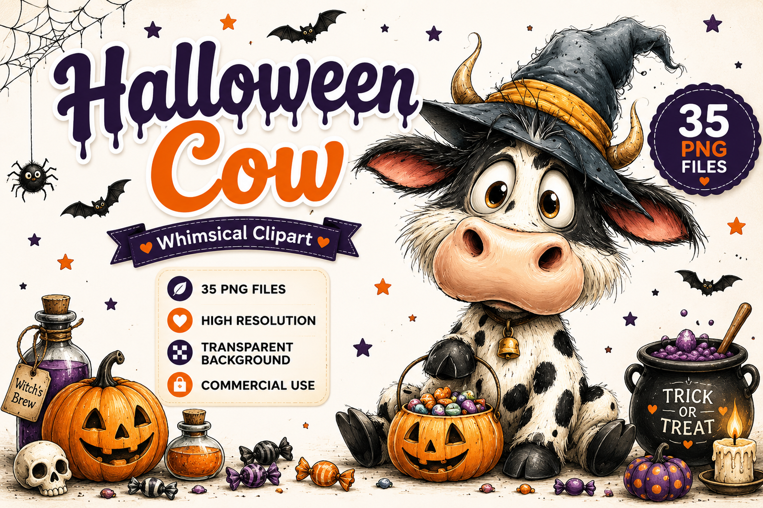 Whimsical Halloween Cow Clipart