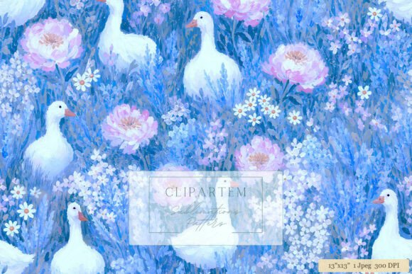 White Geese Blue Floral Garden Pattern
