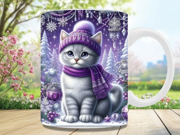 Christmas Winter Purple Cat Mug Wrappng Graphics
