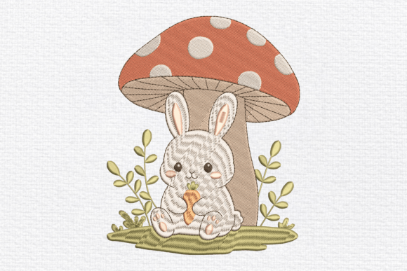 Cute Bunny Under Mushroom Embroidery