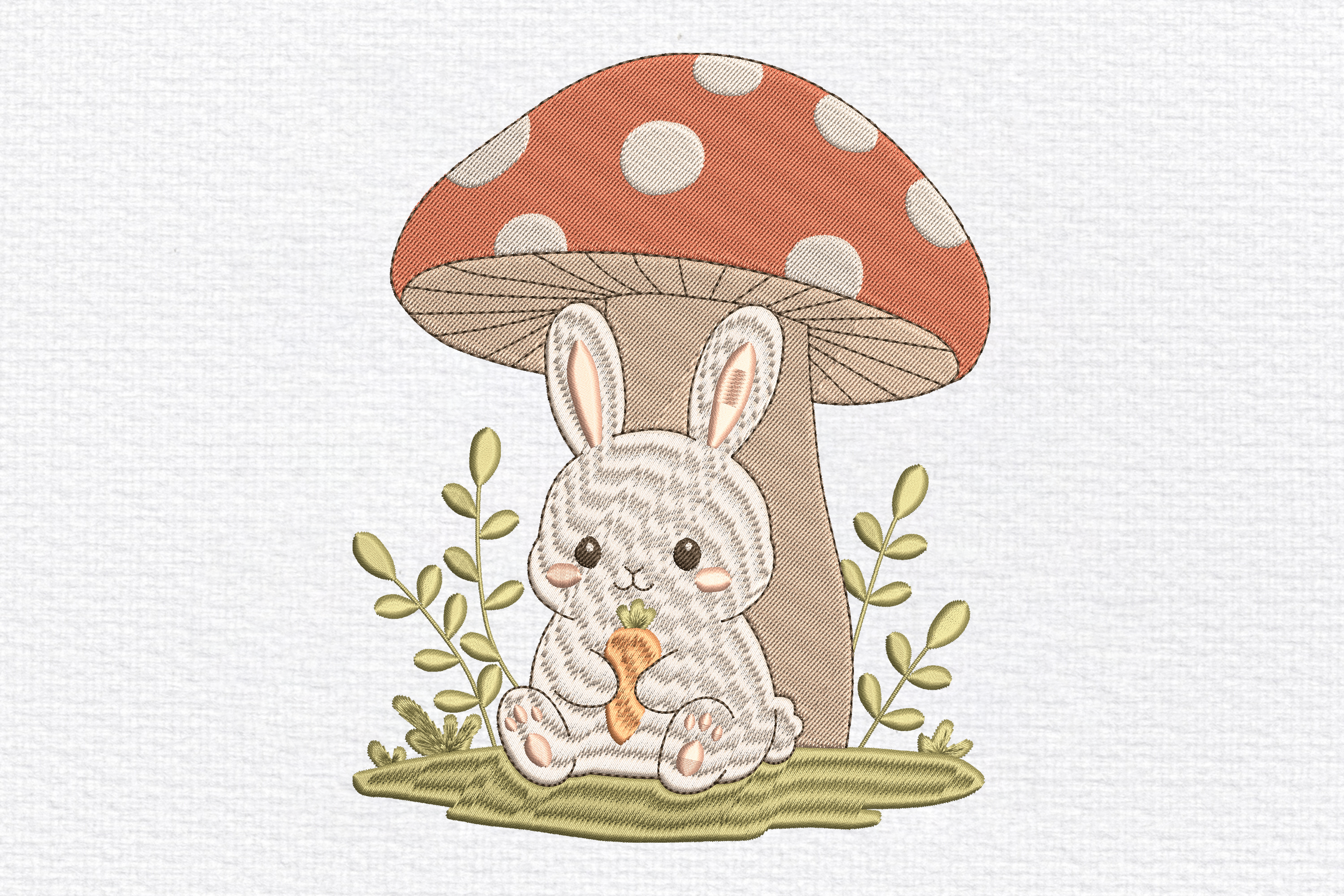 Cute Bunny Under Mushroom Embroidery
