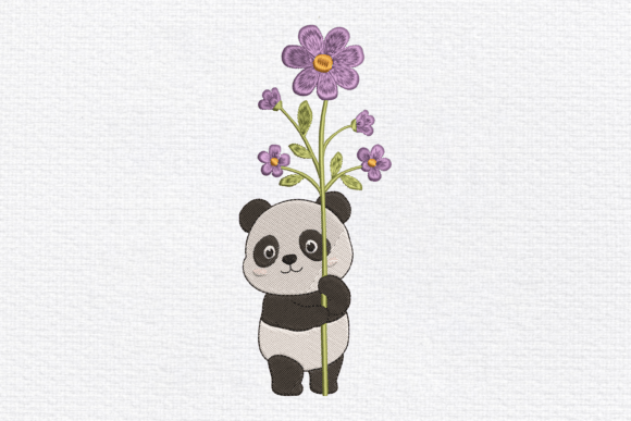 Cute Panda Holding Flower Embroidery