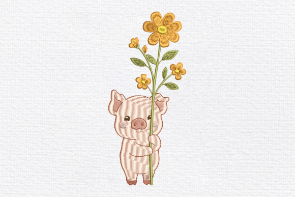 Cute Pig Holding Flower Embroidery