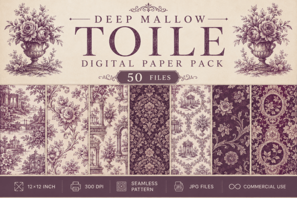 Deep Mallow Toile Digital Paper Pack