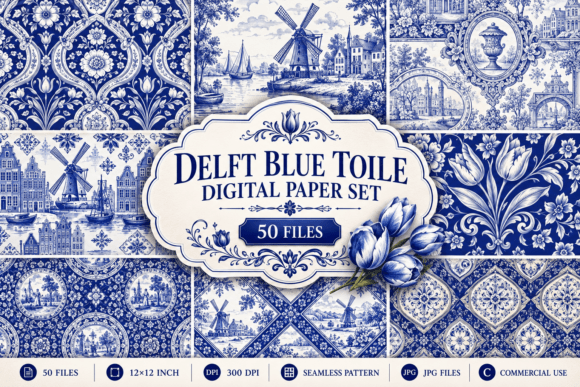 Delft Blue Toile Digital Paper Set