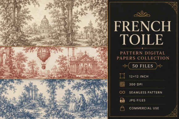 French Toile Pattern Digital Papers Collection