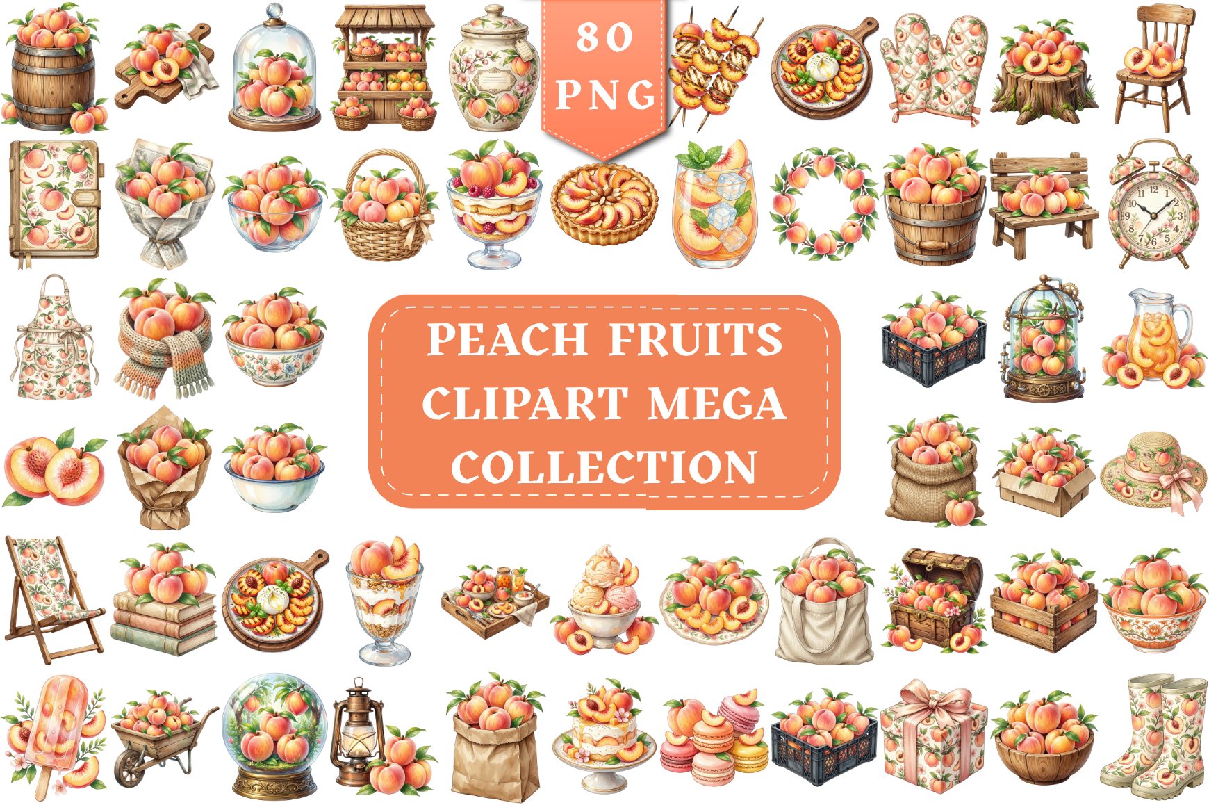 Peach Fruit Watercolor Mega Clipart Pack