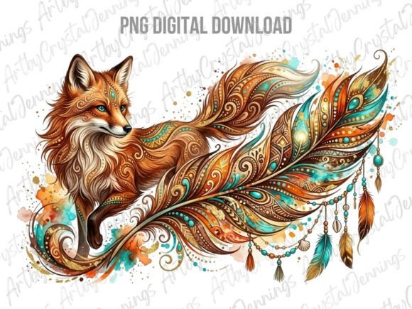 Watercolor Boho Fox Feather PNG