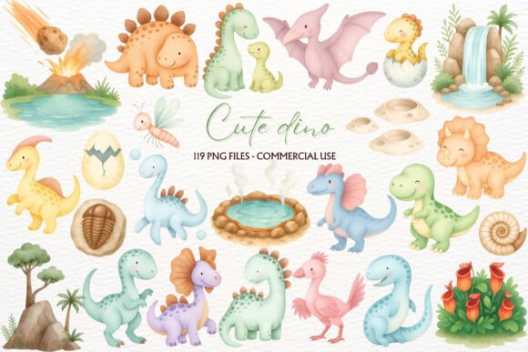 Watercolor Dinosaurs PNG Nursery Clipart