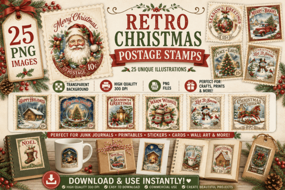 Watercolor Retro Christmas Postage Stamp