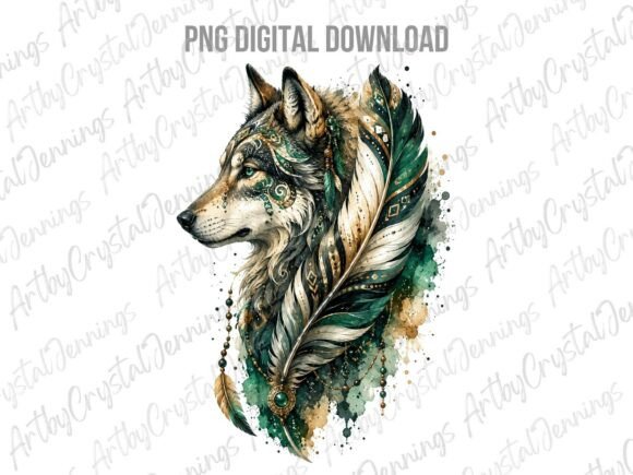 Boho Wolf Feather Watercolor Clipart PNG