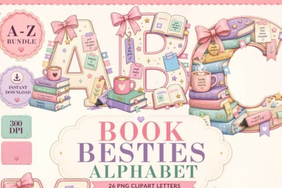 Book Besties Alphabet PNG Bundle, a-Z