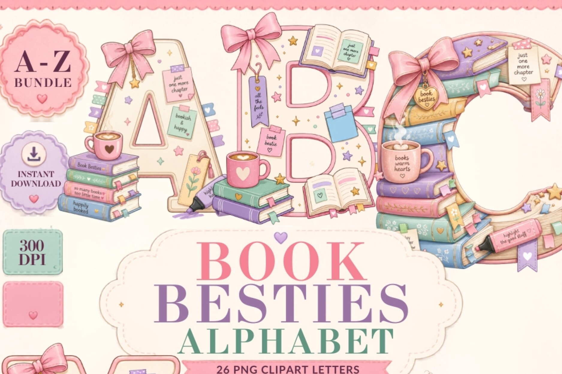 Book Besties Alphabet PNG Bundle, a-Z