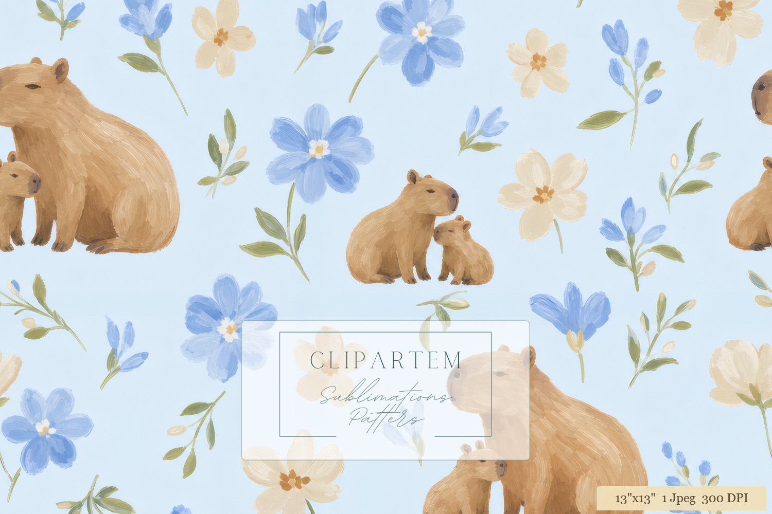 Capybara Floral Blue Nursery Pattern