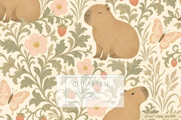 Capybara Floral Damask Repeat Pattern