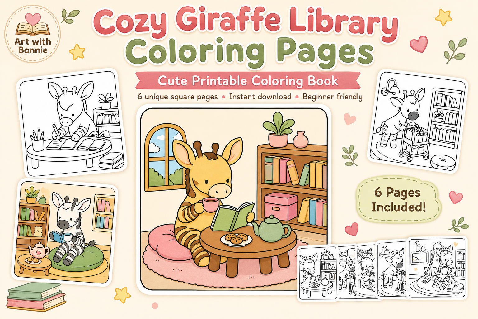 Cozy Giraffe Library Coloring Pages PDF