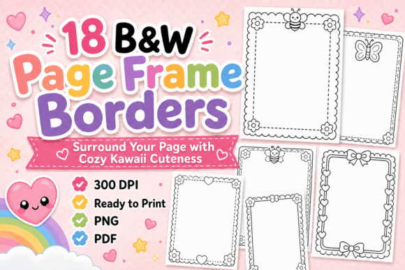 Cute Kawaii Color-in Page Frame Borders