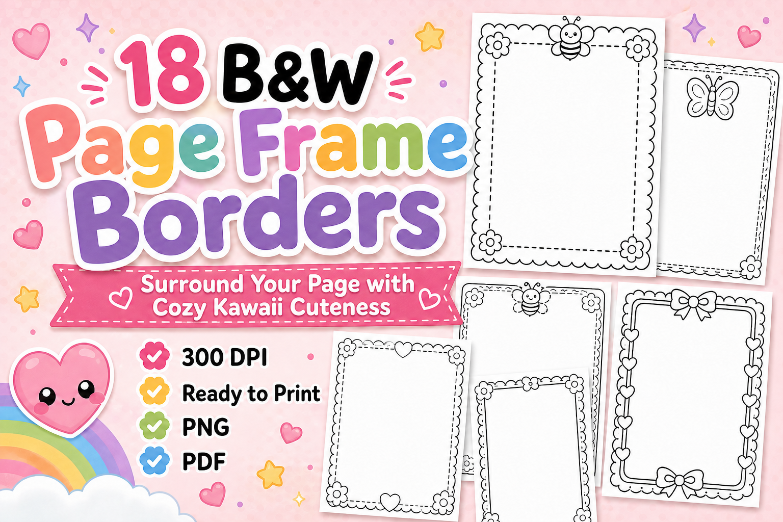 Cute Kawaii Color-in Page Frame Borders