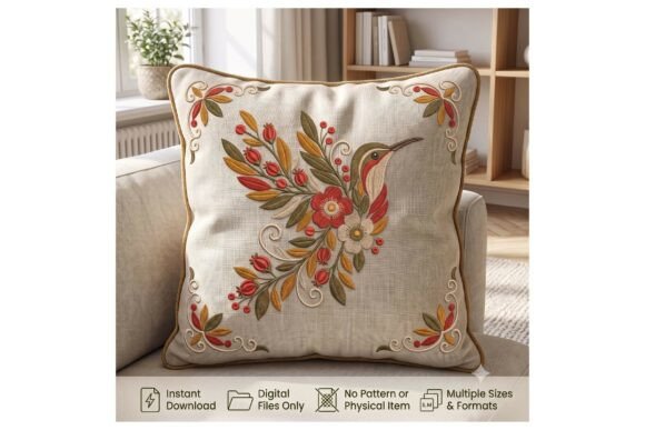 Hummingbird Floral Pillow Botanical Bird