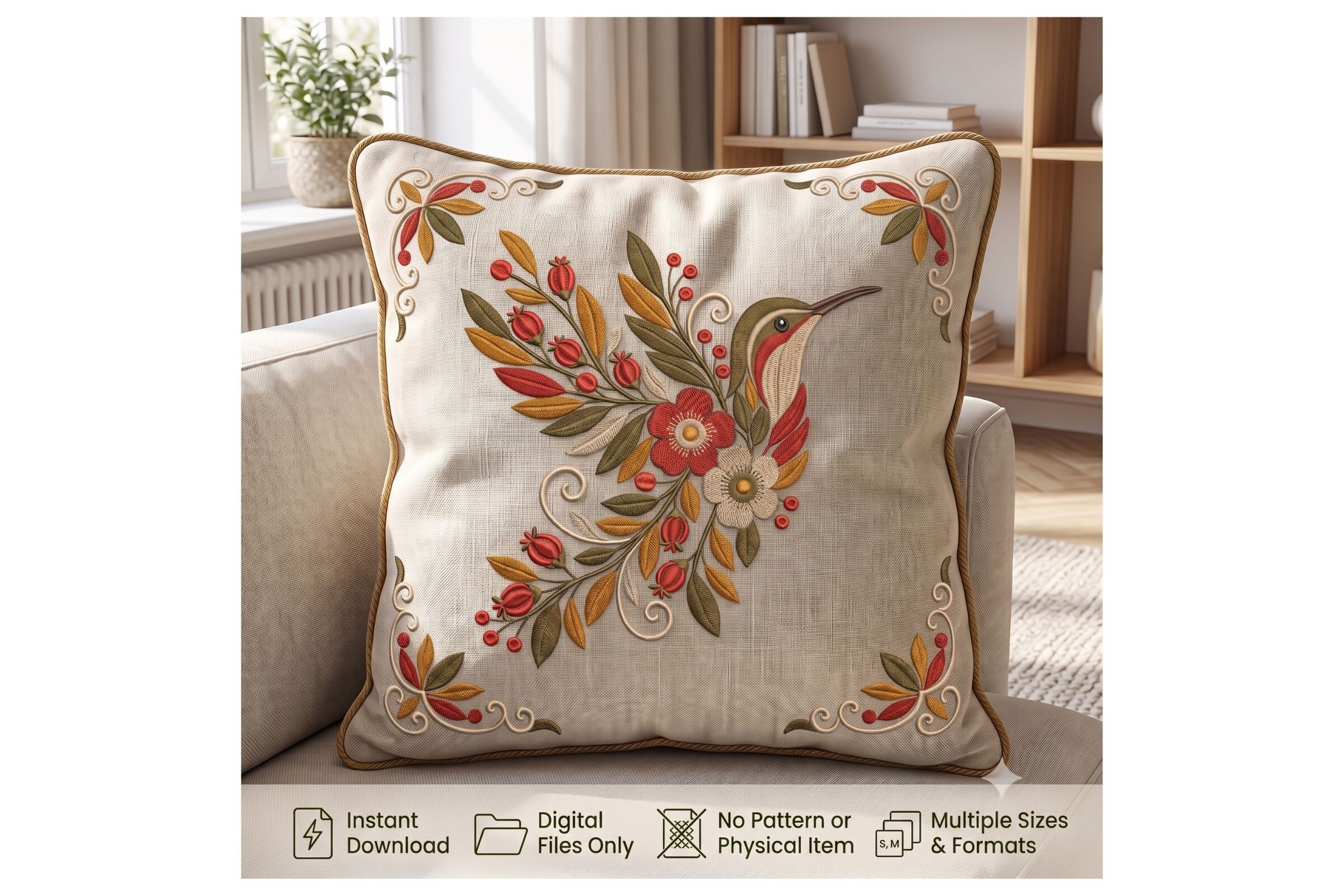 Hummingbird Floral Pillow Botanical Bird