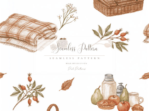 Autumn Picnic Seamless Pattern PNG with Basket and Cozy Blanket
