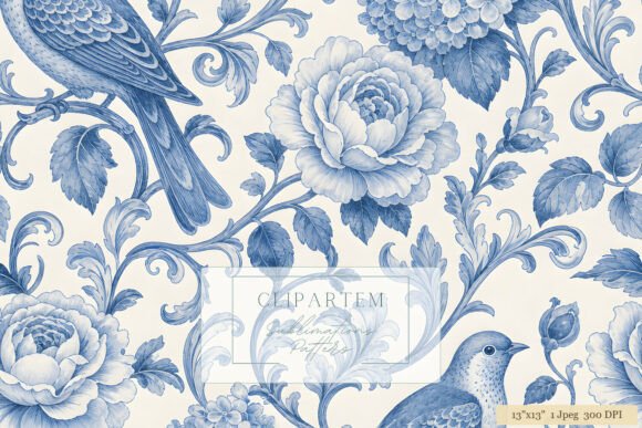 Blue Toile Floral Bird Seamless Pattern