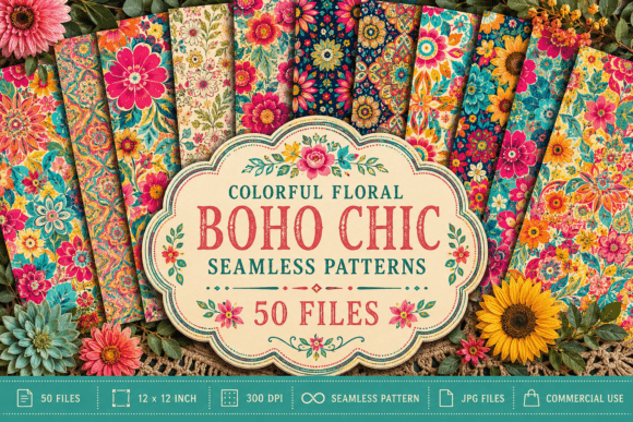 Colorful Floral Boho Chic Seamless Patterns
